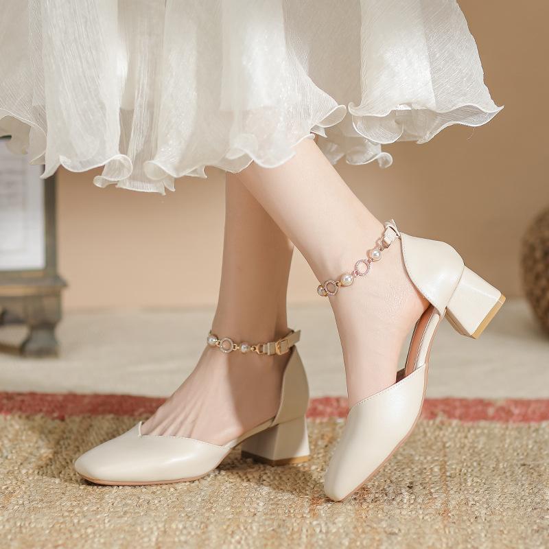 

New Chinese bag head sandals women s leather 2024 summer new thick heel Mary Jane shoes hollow gentle temperament single shoes 34 абрикосовий