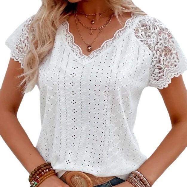 Fashionable Solid Color Hollow Lace V-neck Casual Shoulder Wiping Short Sleeved Women’s Blouses & Shirts