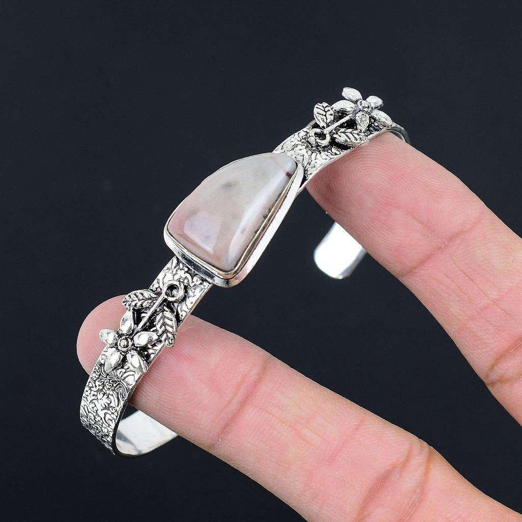 Sisters Day Sale 925 Silver Porcelain Jasper Stone Flower Art Deco Mother Bangle