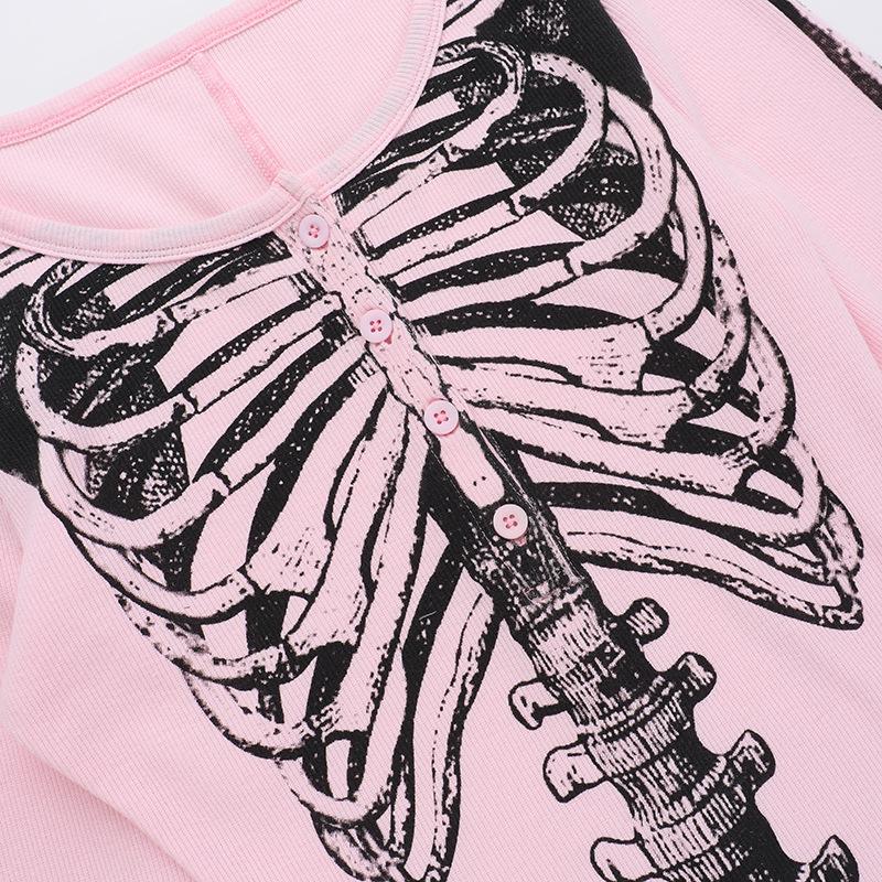 AltGoth Dark Goth Hotsweet Jumpsuit Damen Y2k E-Girl Totenkopf Print Langarm O-Ausschnitt Hohe Taille Strampler Punk Grunge Indie Kleidung