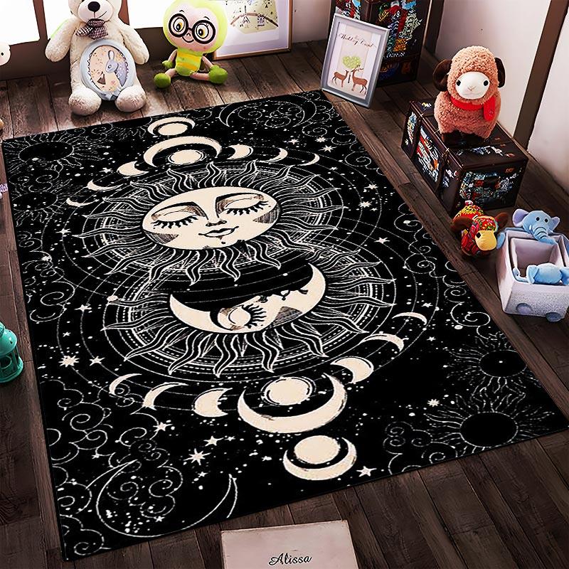 Vintage Black Moon and Sun Pattern Rug with Celestial Design Suitable for use as an anti-slip for living room bedroom sofas