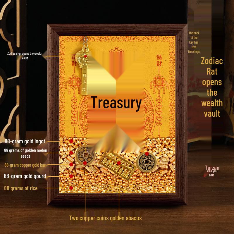 2025 Auspicious Open Wealth Photo Frame with Golden Key, Solid Wood Entrance Foyer, Zodiac Animals, Five Roads to Attract Wealth.