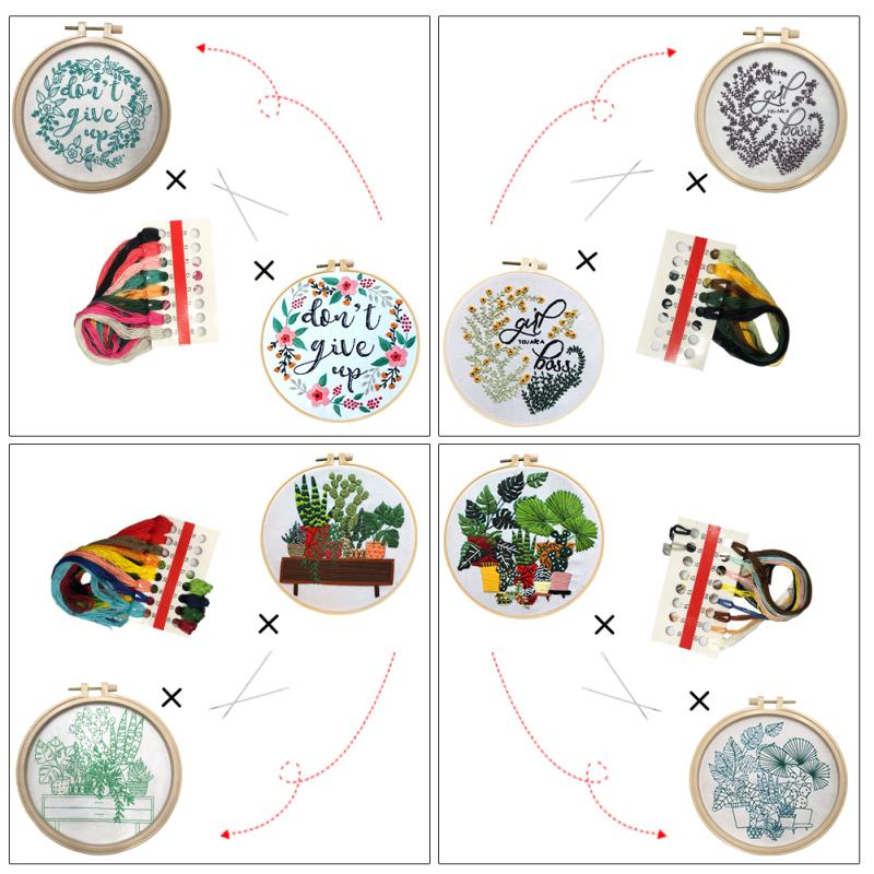 4 szt. Kwiat Doniczkowy Haft Zestaw Tkanin z Zestawami Materiałów DIY 15 cm + 20 cm Bambusowy Haft