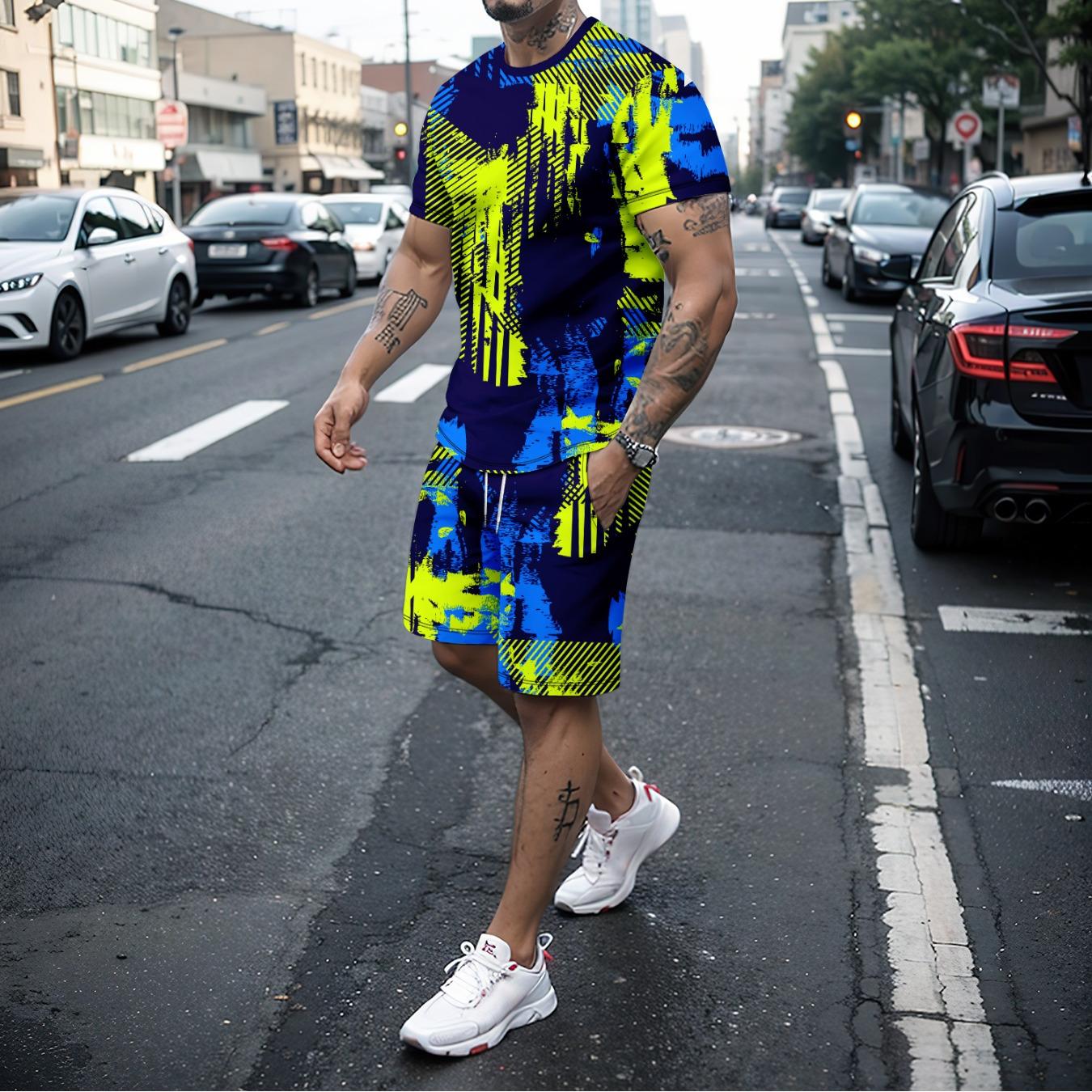 

Чоловічий креативний комплект літнього одягу з 2 предметами, чоловіча футболка з круглим вирізом із короткими рукавами та шорти з кишенями на шнурках 6XL