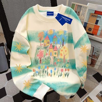 Pure Cotton Tie-dye Horizontal Striped Round Neck Sweatshirt for Women Autumn Winter Loose Simple Top