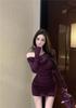 Lace Sexy Splicing Slanted Shoulder Long-sleeved Dress Autumn Slim Temperament New Thin Off-the-shoulder Purple Hip-wrap Skirt