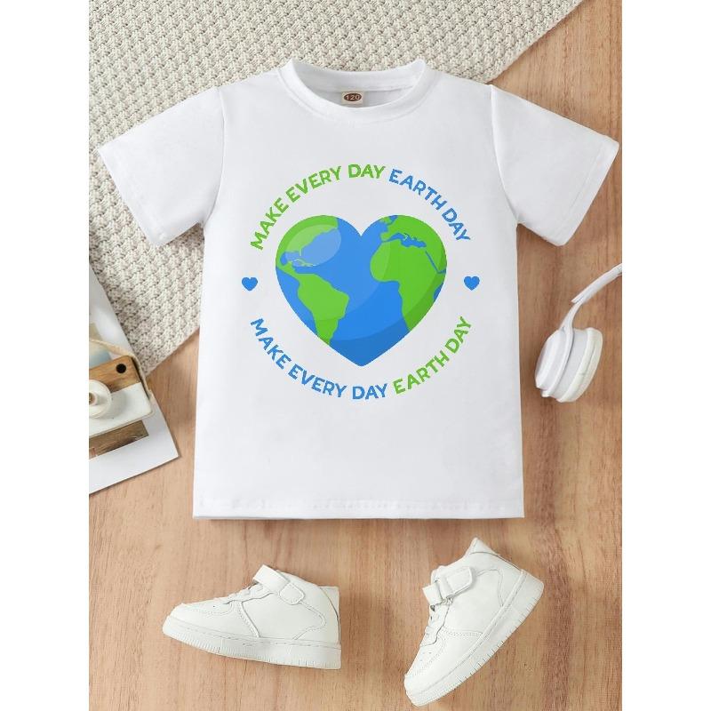 European size Girls round neck short sleeved T shirt with heart shaped earth pattern