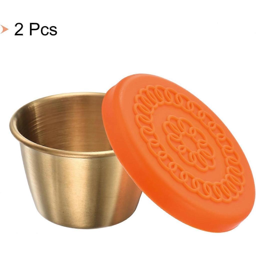 2pcs Salad Dressing Container, 2.4oz Stainless Steel Sauce Bowls Condiment Containers, Dipping Sauce Cups for Lunch Bento Box, Orange