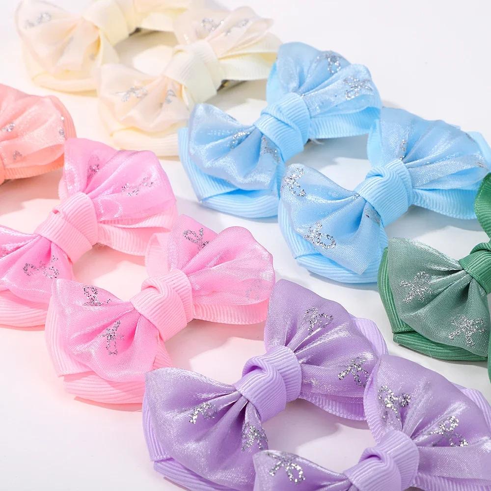 2PCS /Set Embroidery Bowknot Hair Clips 2.7inch Cheer Bows Handmade Hairgripes for Kids Girls Headdress Hair Accessories