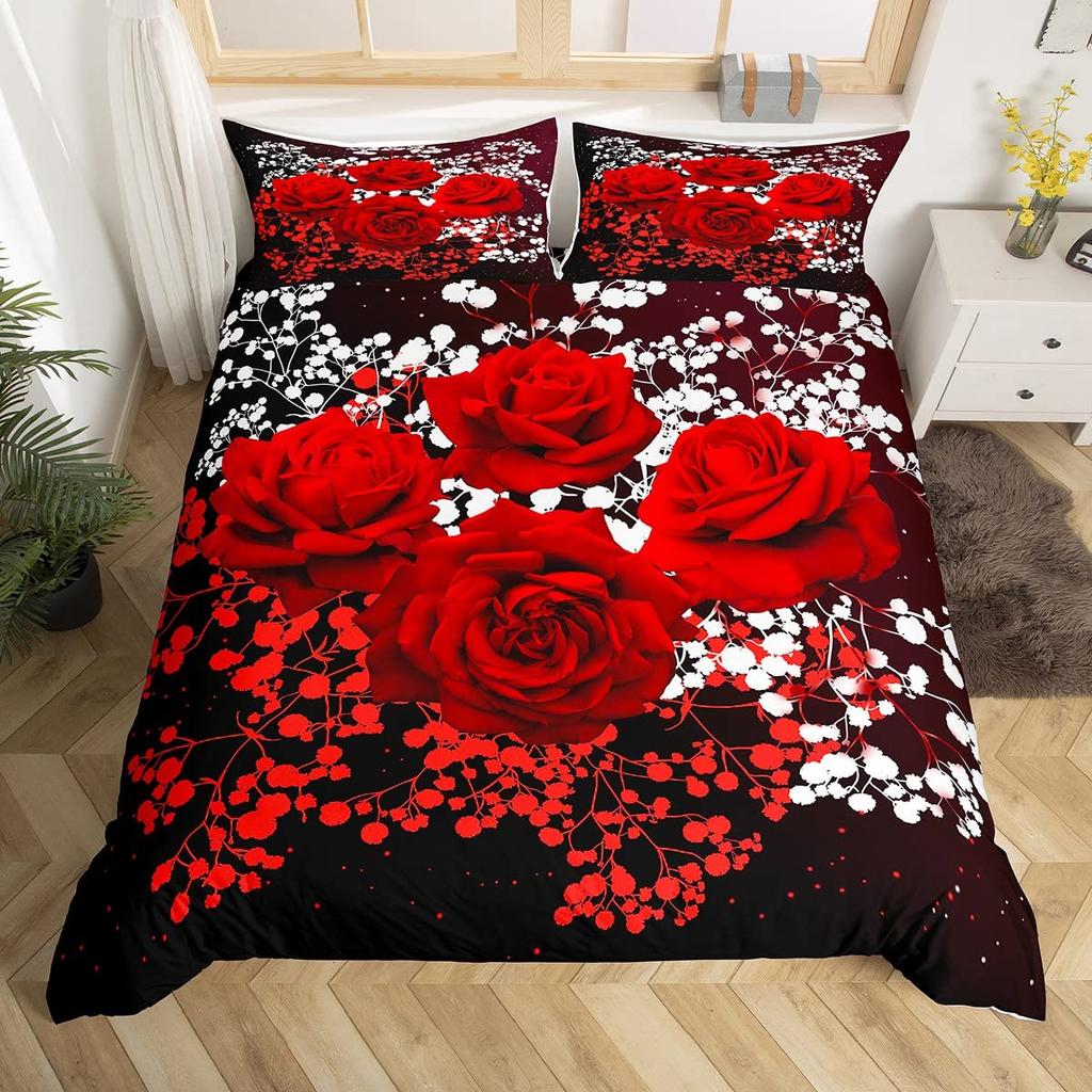 Red Rose Duvet Cover Set King Size for Girls Water Drops Bedding Set Romantic Rose Flowers 2/3pcs Comforter Cover for Couples