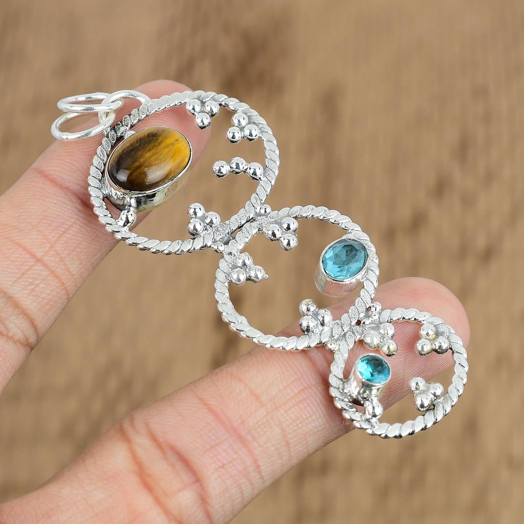 Mothers Day Deal Oval Tiger's Eye Gemstone Swiss Blue Topaz Pendant 925 Silver