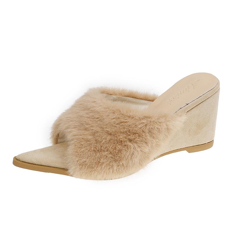 Pointed suede versatile fluffy slippers outer wear autumn and winter fashion to increase temperament girls slope heel one-word trend
