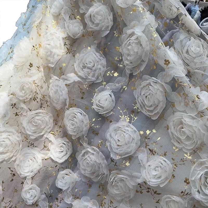 1 Yards 3D Lace Rose Flower Embroidery Hot Stamping Tull Lace Fabric For Diy Sewing Apparel Wedding Dress Performance Costume