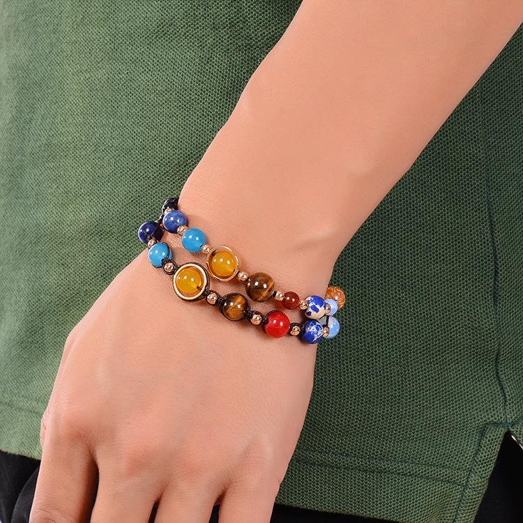 Bracelet en Pierre Agate Système Solaire: Design Galaxie Univers Réglable avec Huit Planètes