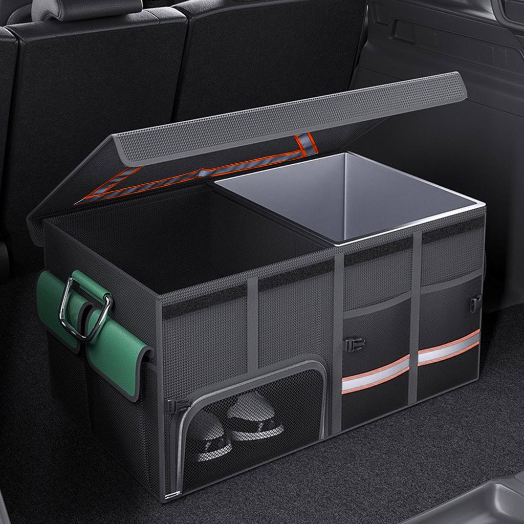 Car Trunk Organizer with Lid Shoes Compartment Reflective Belt Collapsible Waterproof Auto Organizer Multi Compartments