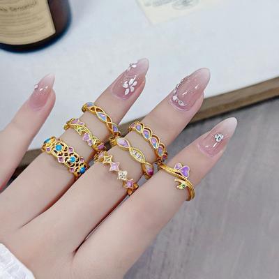 Court Style Retro Sweet Cool Colorful Enamel Drip Glaze Temperament Ring Female Flower Niche Ring