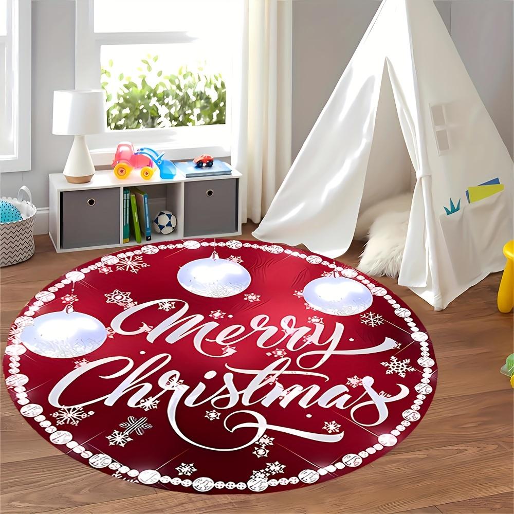 Red Poinsettia Merry Christmas Round Rug For Festive Entryway Bold Print Non Slip Warm Floor Cover