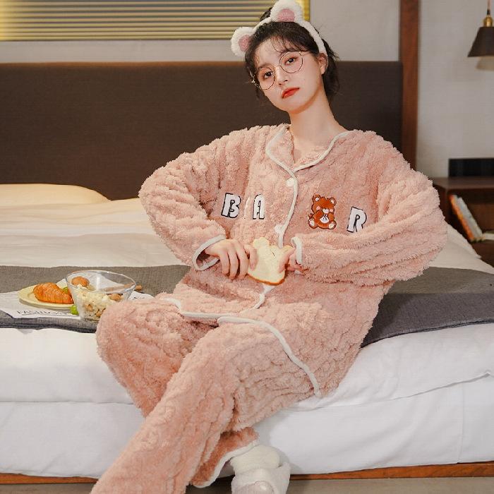 Coral Fleece Thickened Pajamas Women Autumn Winter Plush Added Sweet Cute Pink Girl Flannel Home Clothes Set Casual Nightwear