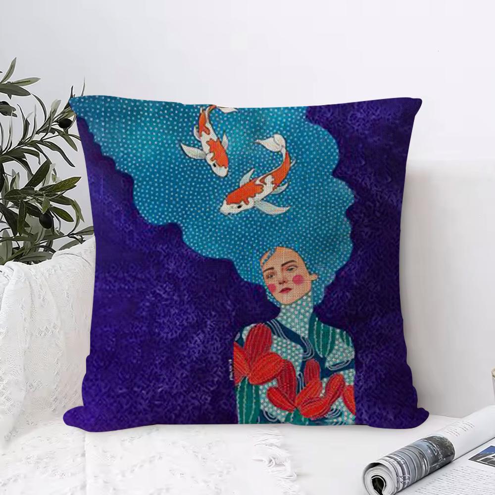 Abstract Girl Hair Flower Cushion Cover Breathable Linen Pillow Cover SkinFriendly Home Decor Pillowcase with Hidden Zipper