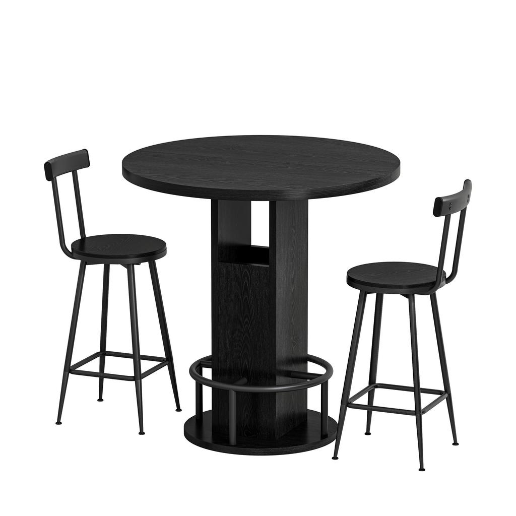 3-Piece Bar Table and Stool Set, 31.5-Inch Round Table with Two Stools, Wood Dining Table with Ring-Shaped Metal Footrest, Black