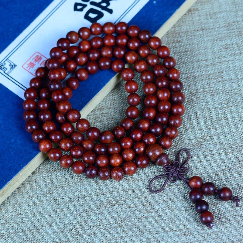 Zambia Rosewood & Blood Sandalwood Bracelet - 108 Beads Rosary with Gold Star & Pterocarpus Santalinus Buddhist Prayer String