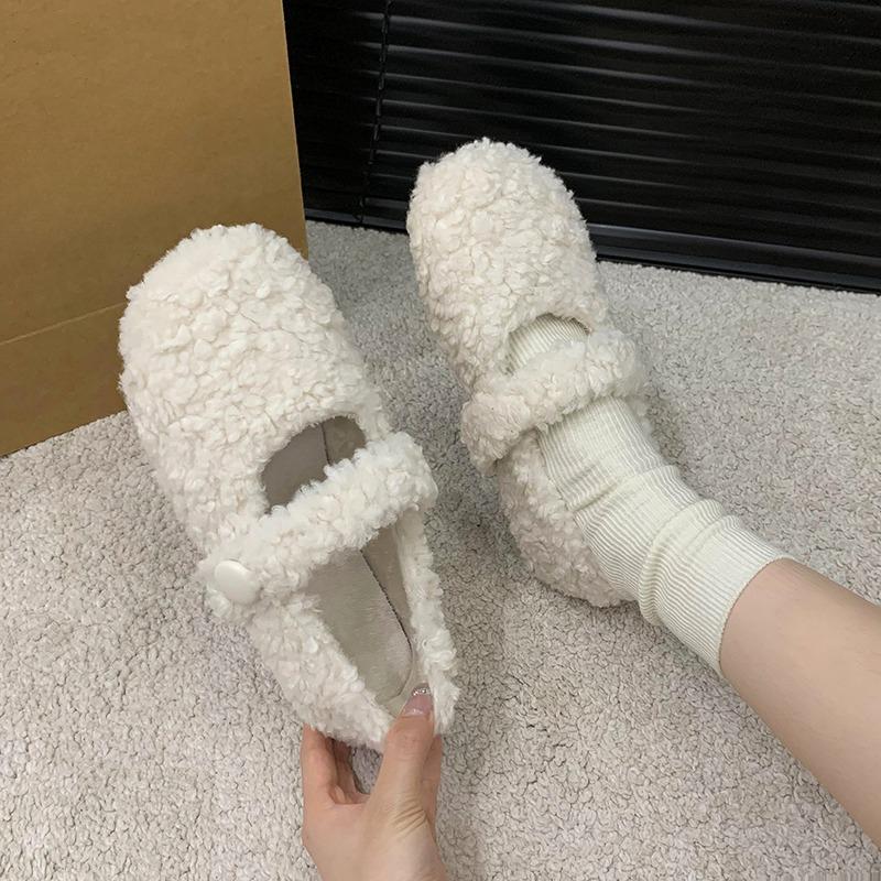 Plush Warm Flat Shoes Autumn and Winter New Round Toe One Strap Soft Sole Non-slip Cotton Shoes