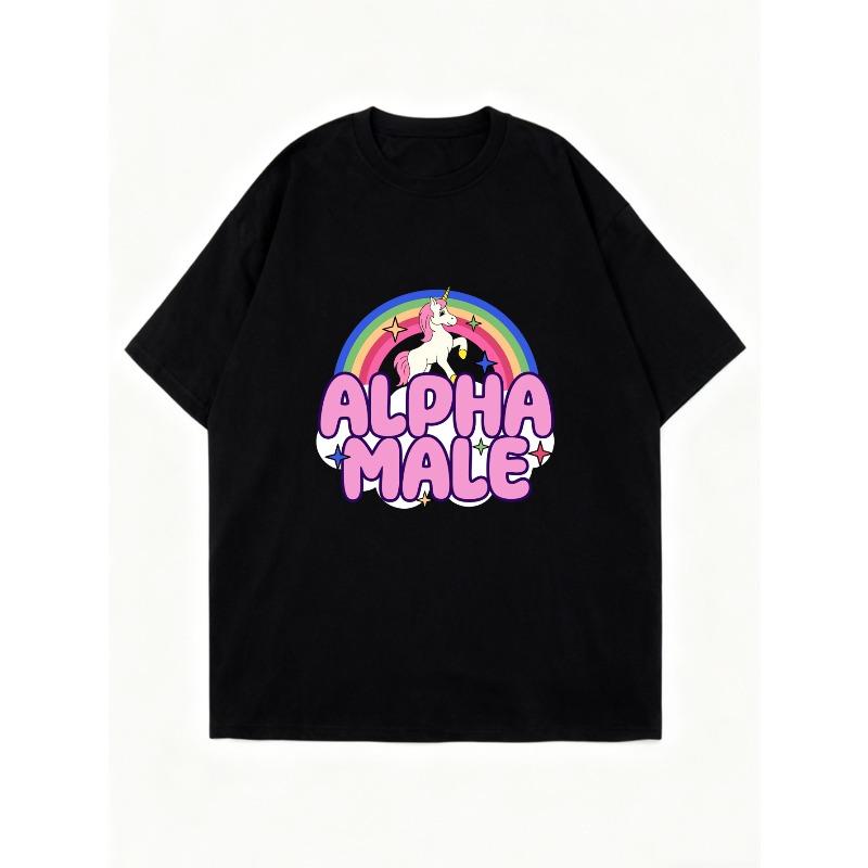 Übergroßes T-Shirt Schwarz Alpha-Männchen Einhorn Regenbogen-Print Freizeitkleidung Für Frauen