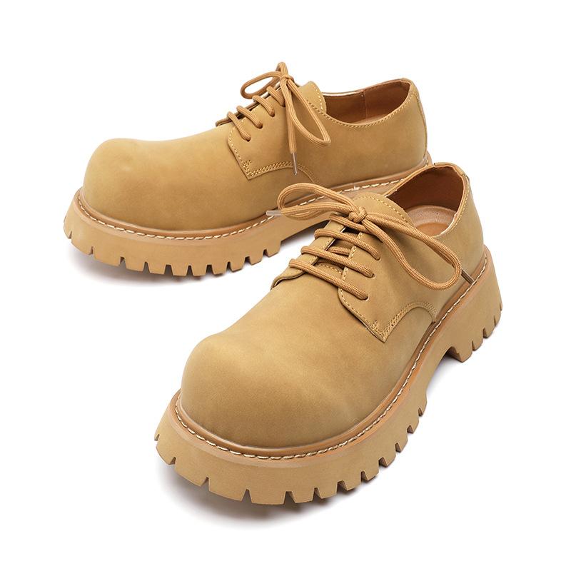Retro derby boty na silné platformě pro zvýšení výšky pánské podzimní boty s velkou špičkou pracovní boty nízké velké žluté boty s kulatou špičkou kožené boty 1035-M