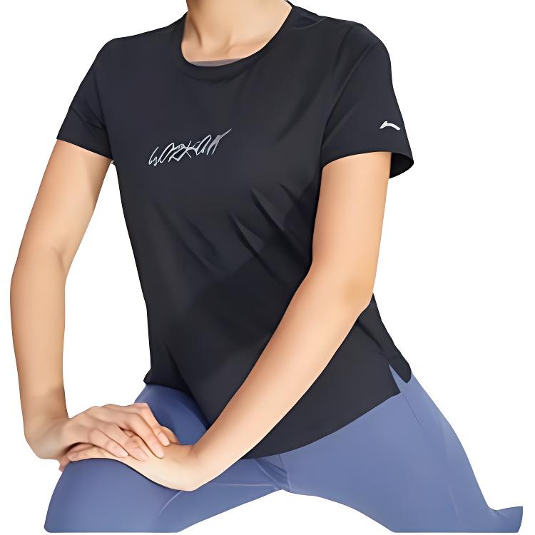 Li Ning Fitness Series Casual Solid Color Letter Quick-Dry Cool Short Sleeve T-Shirt Women Tops Black ATSS406-7