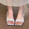 Fashion 2025 Summer New Women's Fashion Square Head Suspender Stiletto Heels Solid Open-toe Mid-heel Sandals