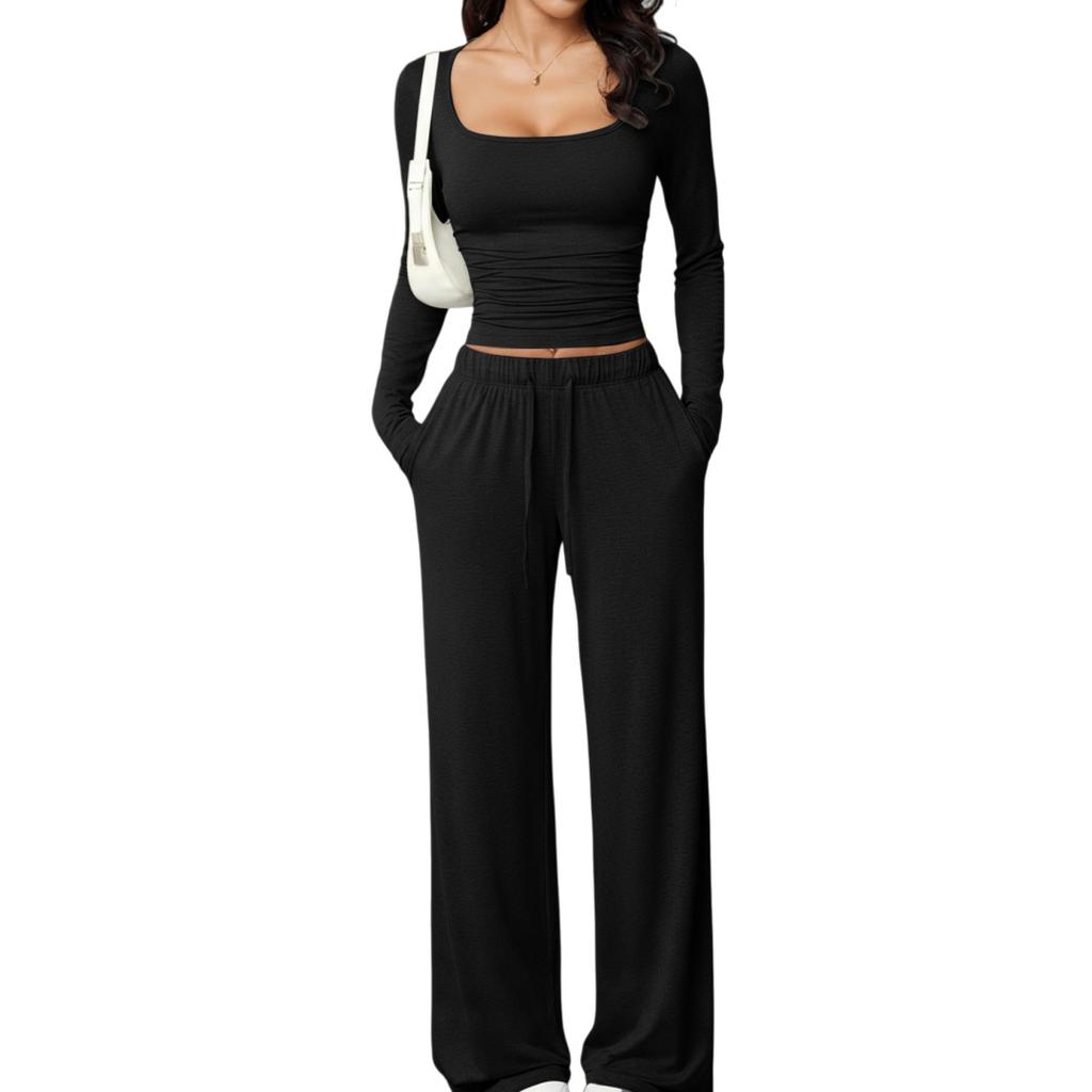 Autumn Casual Long Pants Set Square Neck Long Sleeve Short Top Women Sportswear