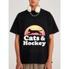 Cats and Hockey T Shirt White Cat Silhouette Sunset Design for Casual Wear