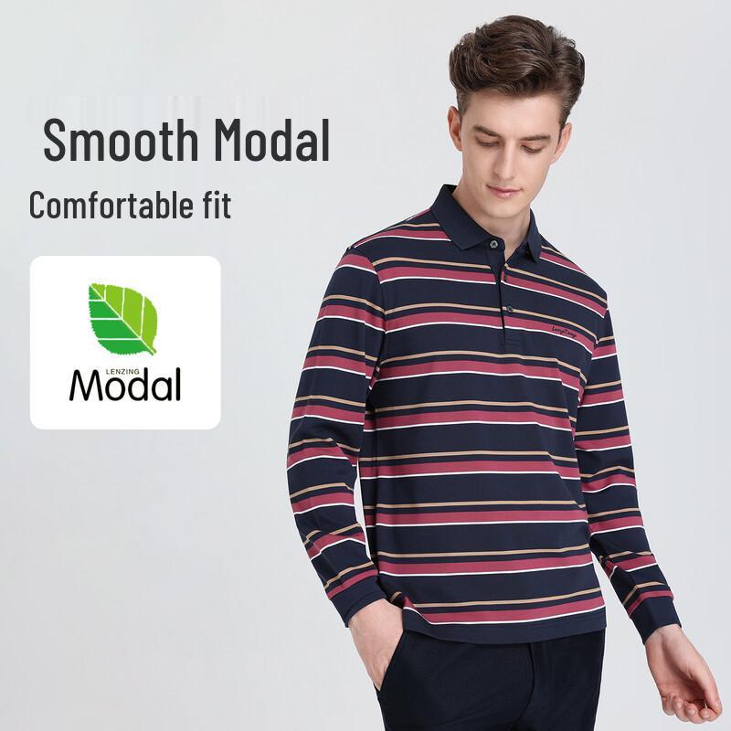 Langdeng Men's Silky Soft Striped Long-Sleeve Polo Shirt