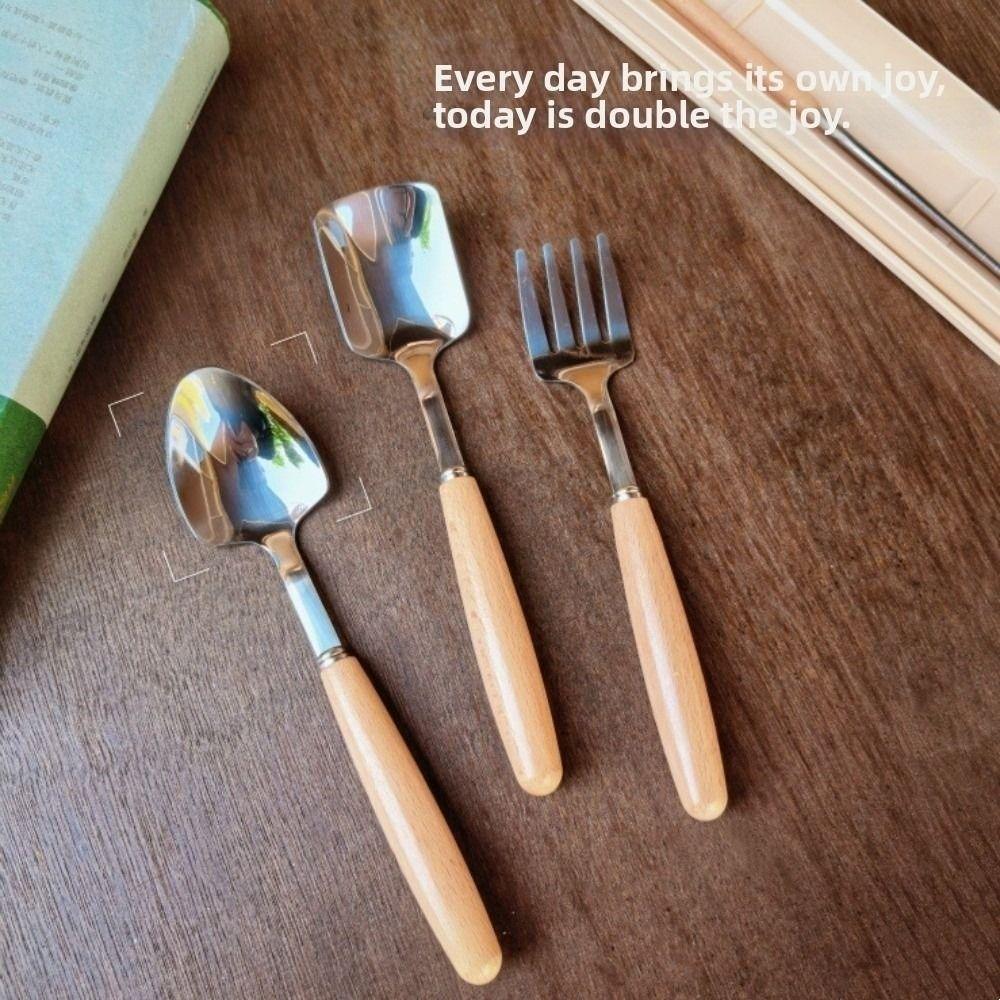 Stainless Steel Wooden Rice Soup Cake Fruit Fork Coffee Dessert Spoon for Family Dining
