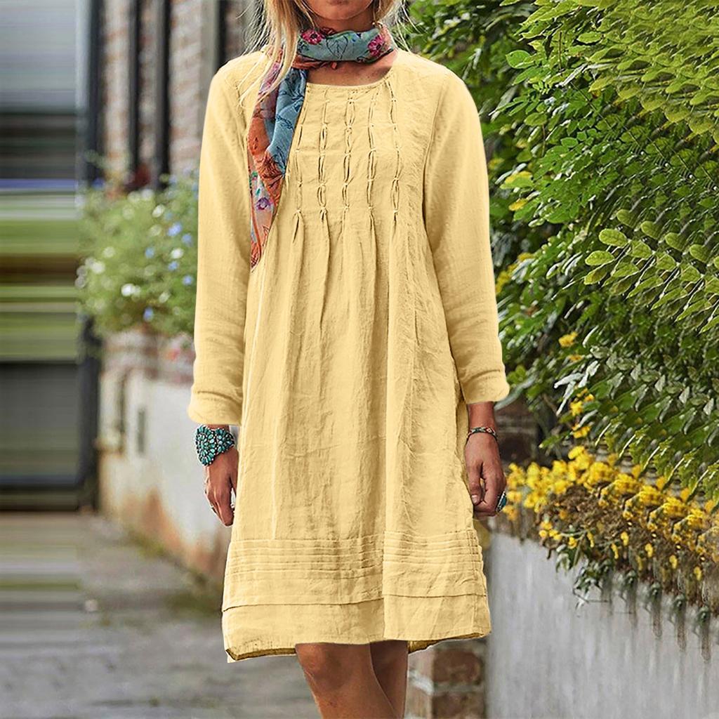 Women's Round-neck Solid-color Loose Casual Cotton And Linen Dress