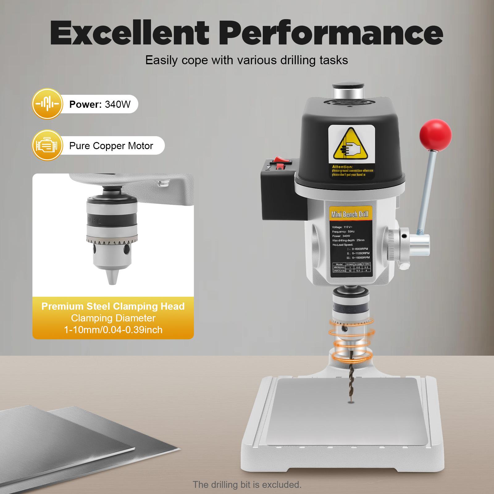 

340W Mini Bench Drill Press, 0-16000RPM 3-Speed, Precision Depth Gauge for Wood Metal DIY Craft Model Making United States