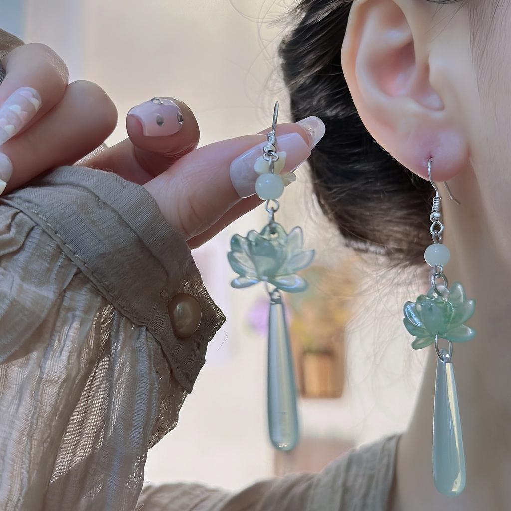 New Chinese Lotus Water Drop Pendent Long Delicate Tassel Dangle National Luxury Earring for Women Jewelry Gift