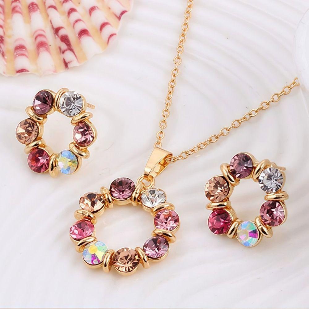 3pcs Gold Color Necklace Earrings Set Exquisite Stained Glass Diamond Earring Jewelry Sets Simple Style Circle Shape Design