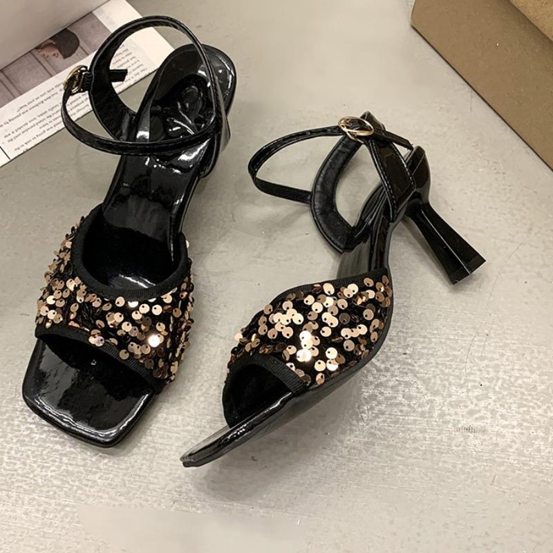 Temperament Stiletto Sandals Women Summer New Square Toe Open Toe Sequin Sequin Strap Sexy High Heels
