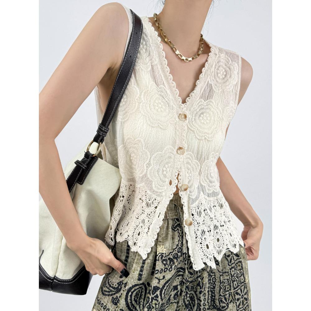 DIMANAF 2025 New Short Vest T-Shirt Women Sleeveless Buttons Knitting Lace Vest V-Neck Summer Basic Tops Tees Loose
