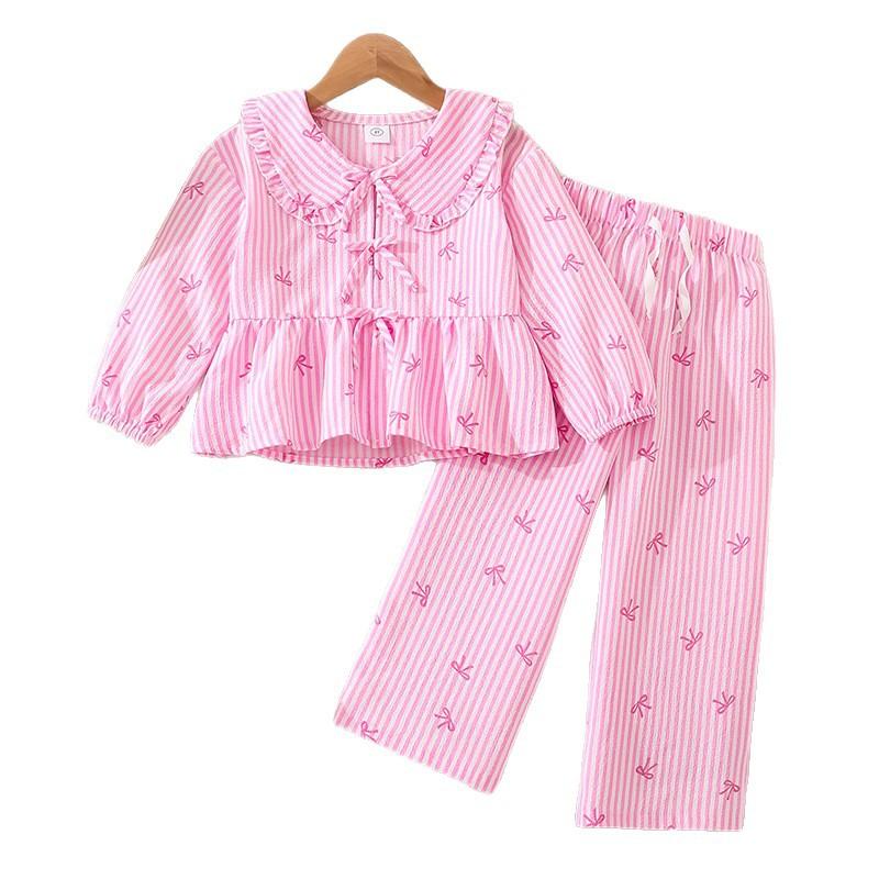 Girls' Fashion Set for Autumn Children's Striped Bow Print Long-sleeved Top and Long Pants