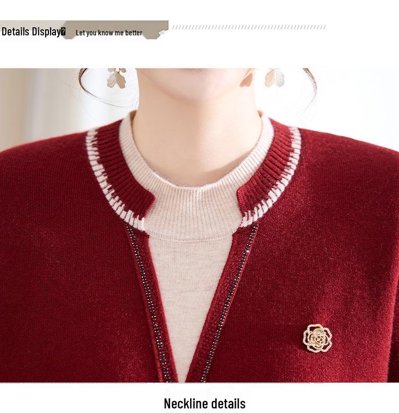 Women's Red Velvet-Lined Knitted Top: Warm, Stylish Casual Base Layer for Middle-Aged and Elderly