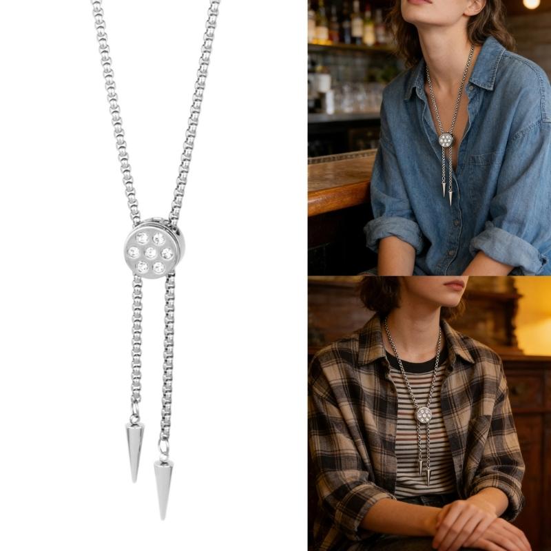 Elegant Round Shaped Neckwear Rhinestones Accented Unisex Stainless Steel Necklace Slidable for Gifting and Daily Use