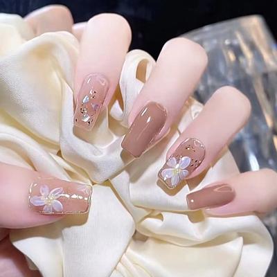 24 Stück Herbst Neuprodukt Verwischen Sanfte Kamelie Tragen Nagel Glänzend Goldpuder Reines Verlangen Ins Wind Kurze Ballett Nail Art