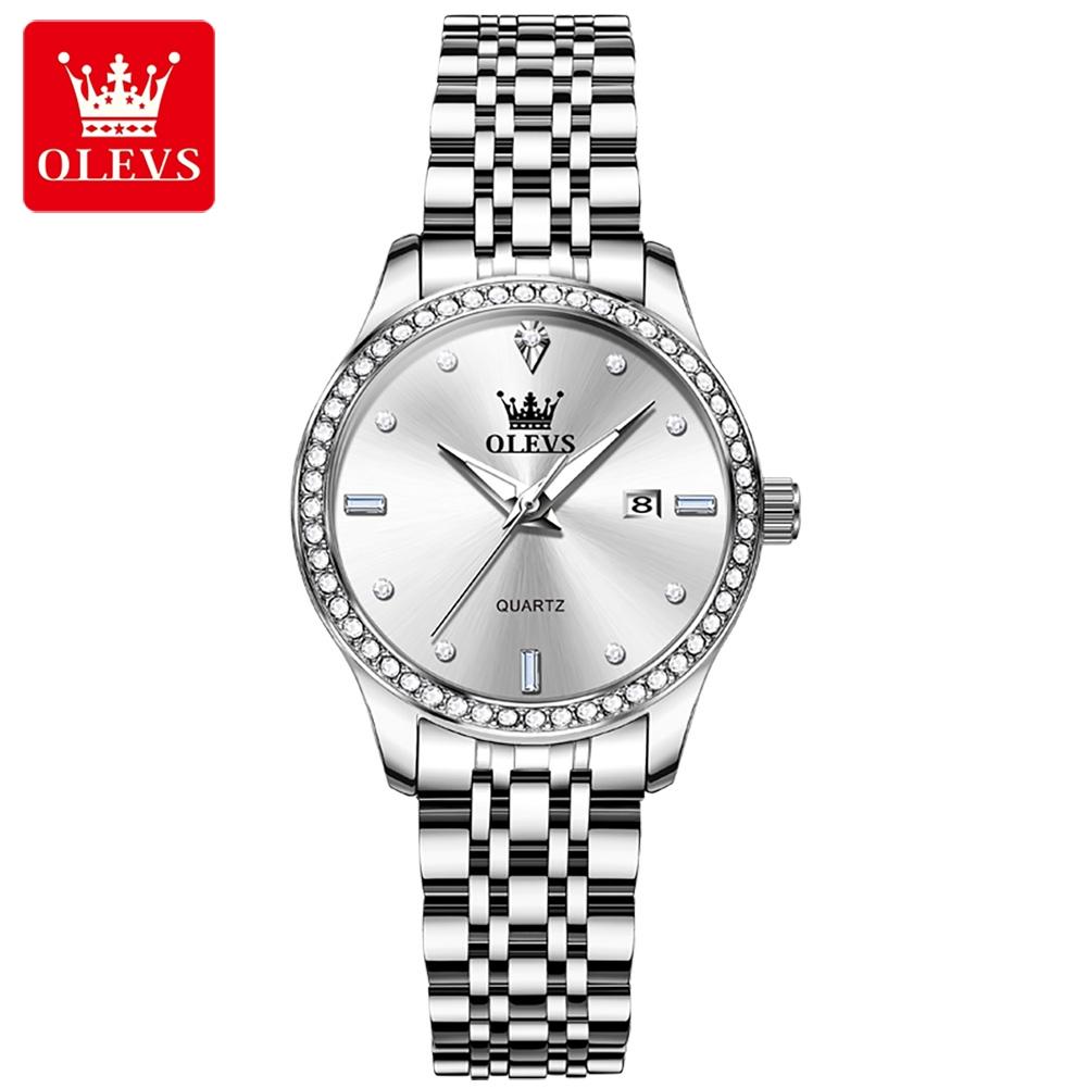 OLEVS 3625 Original Quartz Watch for Woman Diamond Dial Solid Steel Strap Waterproof Calendar Fashion Elegant Ladies Wristwatch