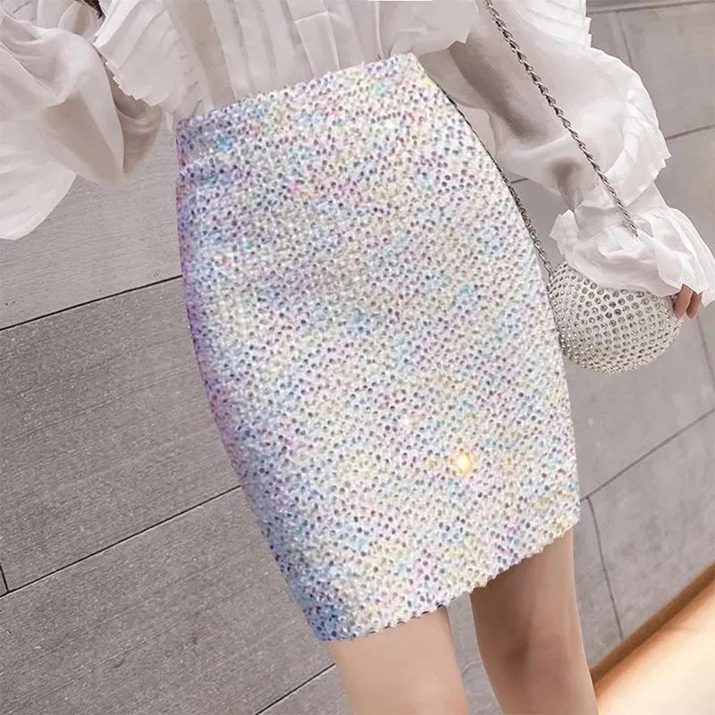 Women's Spring/Fall High-Waisted Stretch Fitted Shimmering Mini Skirt, Bodycon Skirt, Sequin Skirt
