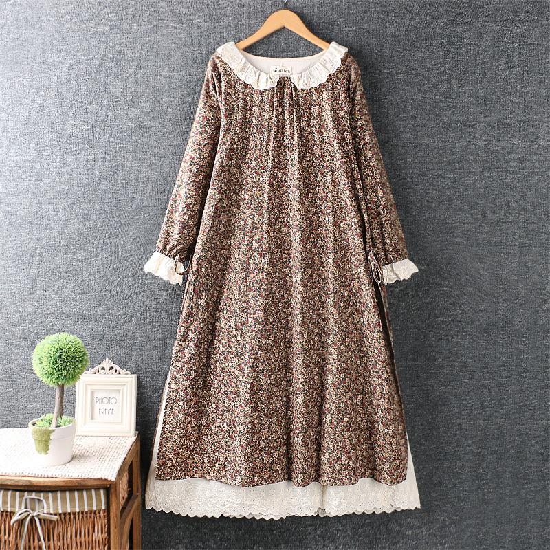 Spring Retro Japanese Style Embroidery Cotton and Linen Flower Loose Long-sleeved Dress Midi Dress