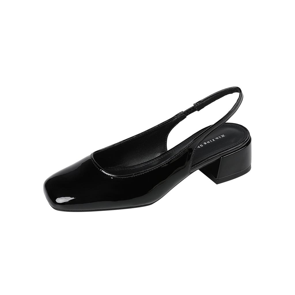 3368-1 Glossy simple style square head thick heel single shoes women's new bag head rear empty shallow mouth medium heel single shoes women's shoes