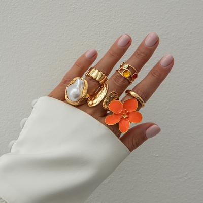 Ingemark 6Pcs/Set Vintage Flower Open Rings for Women 2025 New Fashion Boho Imitation Pearl Crystal Ring Y2K Bridal Jewelry Gift