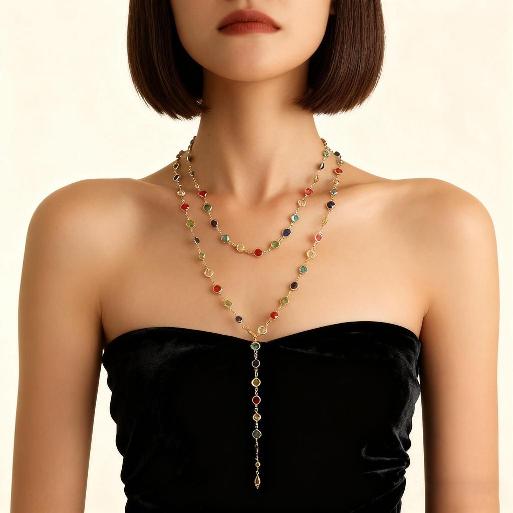 Colorful Rhinestone Y-Shaped Necklace with Faux Pearls & Tassel Sweater Chain